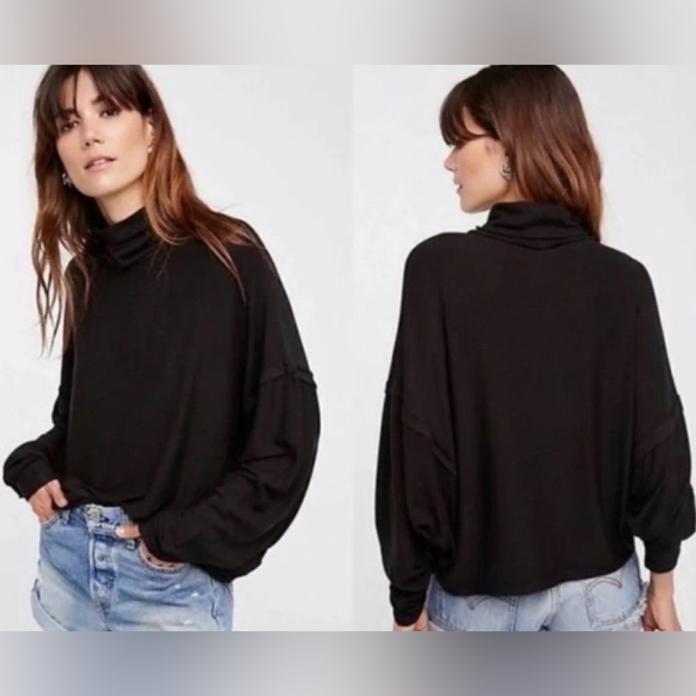 We the Free Black Turtleneck Top Womens Size Large Oversized Dolman Sleeve Boho